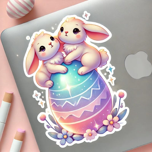 Vinyl sticker: Easter Bunnies on Glowing Egg Sticker for Laptop, Wall, Car, Window, Bumper, Decal, Truck, Waterproof, Auto, Water Bottle – Magical Rabbits with Luminescent Egg
