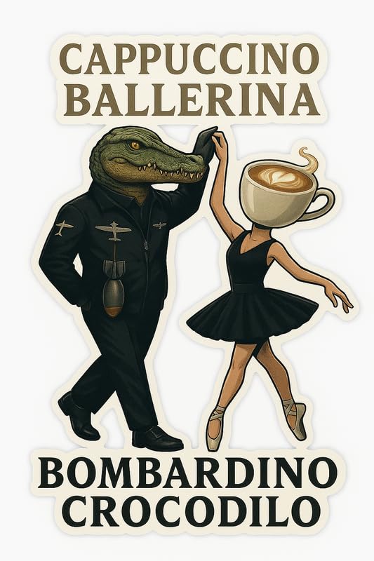 Vinyl sticker: Waterproof Cappuccino Ballerina & Bombardino Crocodilo Sticker for Laptop Wall Car Window Bumper Decal Truck Auto Water Bottle – Elegant Dance Duo with Aviation Detail 4in