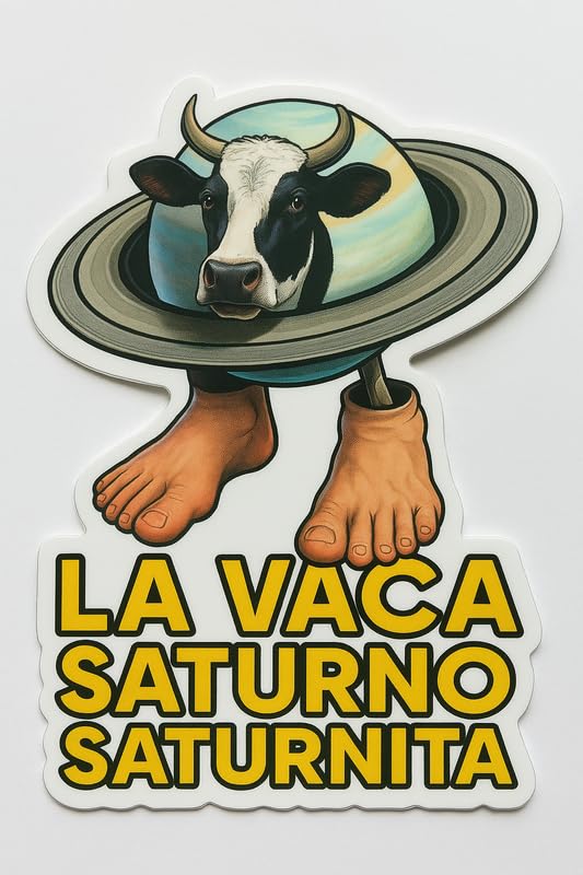 Vinyl sticker: La Vaca Saturno Saturnita Sticker – Funny Cow Planet Meme Vinyl Decal for Laptop, Wall, Car, Window, Bumper, Water Bottle, Auto, Truck – Surreal Saturn Cow Feet Design – Waterproof – Variation 3