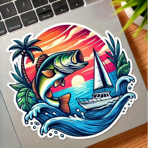 Vinyl sticker: Largemouth Bass and Sailboat Sticker - Vibrant Florida Wildlife and Nautical Decal for Laptop, Car, Window, Bumper, and Water Bottle