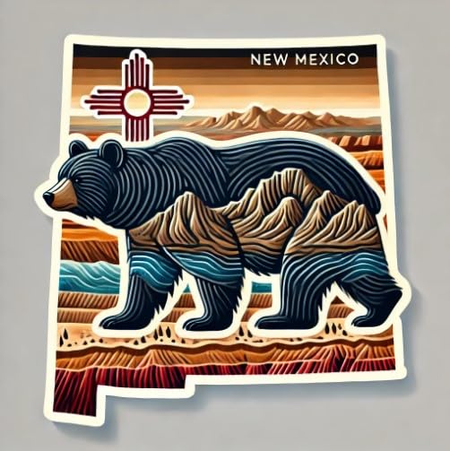 Vinyl sticker: Layered Terrain Black Bear on New Mexico State Shape Sticker for Laptop, Wall, Car, Window, Bumper, Waterproof Decal for Truck, Auto, Water Bottle
