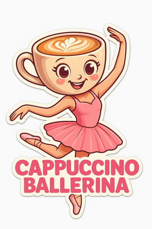 Vinyl sticker: Waterproof Cappuccino Ballerina Sticker for Laptop Wall Car Window Bumper Decal Truck Auto Water Bottle – Bright Realistic Latte Dancer with Face Cup 4in