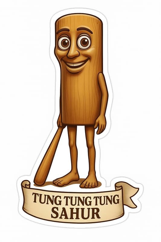 Vinyl sticker: Waterproof Tung Tung Tung Sahur Sticker for Laptop Wall Car Window Bumper Decal Truck Auto Water Bottle – Wooden Mascot Character with Bat 4in