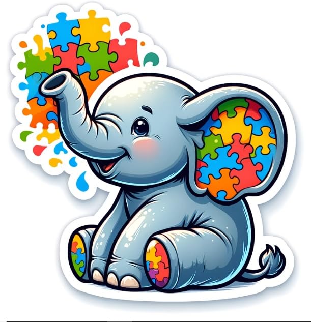 Vinyl sticker: Playful Elephant Calf Autism Awareness Sticker - Joyful Autism Awareness Elephant Calf with Puzzle Trunk Decal - Vibrant, Playful Design for Laptops, Cars, and Windows