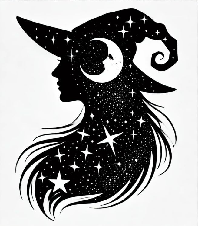 Vinyl sticker: "Celestial Witch Silhouette" Sticker Decal for Laptop, Wall, Car, Window, Bumper, Truck, Waterproof Auto, and Water Bottle – Mystical Halloween Gothic Design. Variation 4