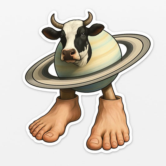 Vinyl sticker: La Vaca Saturnita Sticker – Funny Surreal Cow Planet Meme Vinyl Decal for Laptop, Wall, Car, Window, Water Bottle, Bumper, Truck, Auto – Absurd Space Animal Design – Waterproof – Variation 2