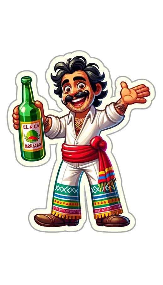 Vinyl sticker: Alcohol Funny Beautiful Black-Haired El Borracho Mexican Art Vinyl Stickers Waterproof Fade-Resistant Decals for Cars Laptops Windows Humorous Cultural Decor