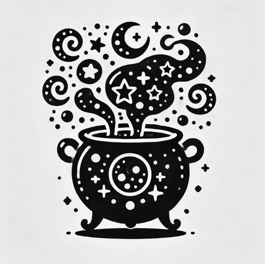 Vinyl sticker: Halloween Witch's Cauldron Laptop, Wall, Car, Window, Bumper Sticker Decal - Bubbling Potion, Spooky Elements - Black & White - Waterproof.
