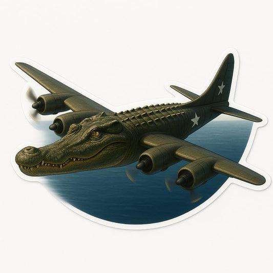 Vinyl sticker: Waterproof Bombardino Crocodilo Sticker for Laptop Wall Car Window Bumper Decal Truck Auto Water Bottle – Crocodile Bomber Flying Over Ocean Realistic WWII Style 4in