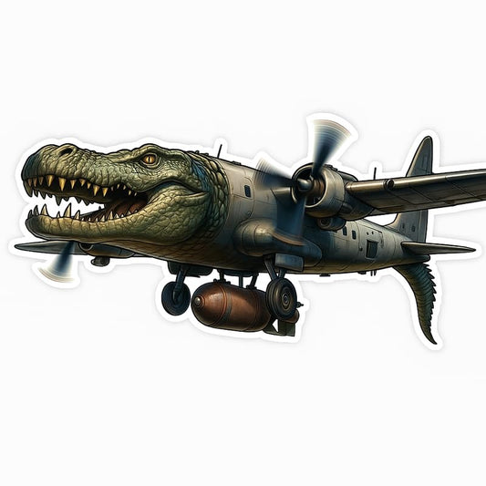 Vinyl sticker: Waterproof Bombardino Crocodilo Sticker for Laptop Wall Car Window Bumper Decal Truck Auto Water Bottle – Realistic Crocodile Bomber Aircraft with Propellers and Bomb 4in