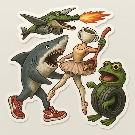 Vinyl sticker: Italian Brainrot Scene Decal – Waterproof Meme Sticker for Laptop, Car, Bumper, Water Bottle, Window, Wall – Absurd AI Art Characters in Action, Funny Crocodile Jet Shark Frog Ballerina – Variation 2