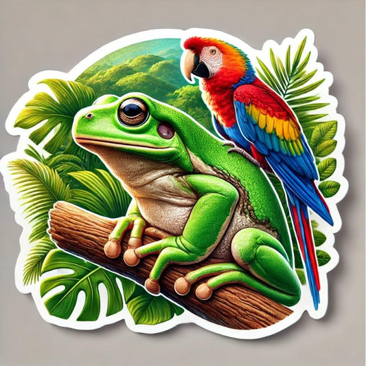Vinyl sticker: Inspired Frog and Parrot on Branch Sticker Decal for Laptop, Wall, Car, Window, Bumper, Truck, Water Bottle - Nature - Durable Vinyl Sticker for Auto and Home Decor