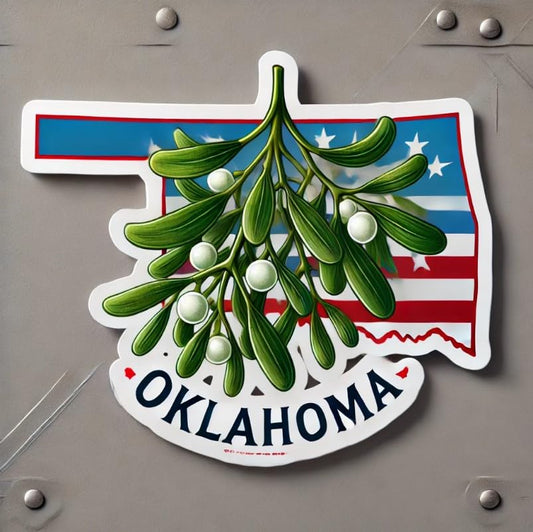 Vinyl sticker: Mistletoe Oklahoma State Emblem Sticker – Waterproof Vinyl Decal for Laptop, Wall, Car, Window, Bumper, Truck, Water Bottle, Auto Accessories