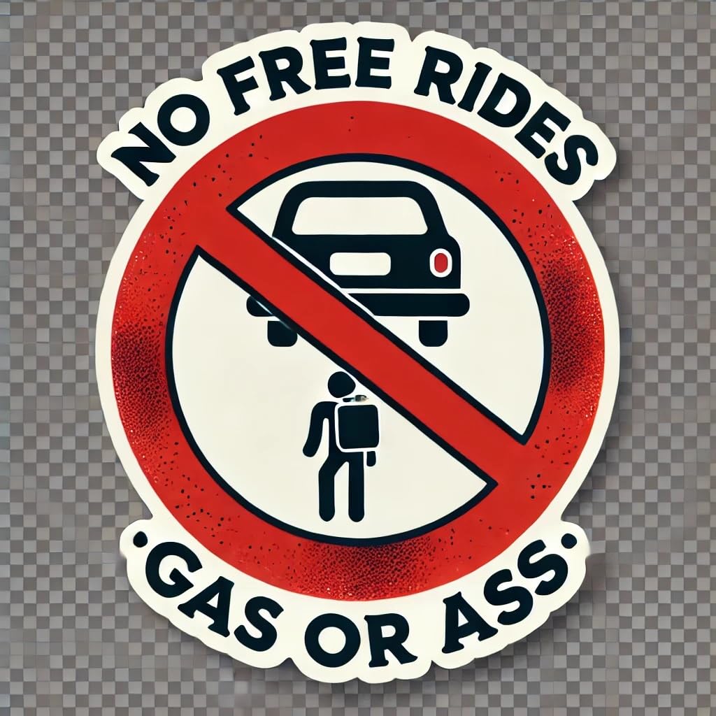 Vinyl sticker: "'No FREE RIDES - Gas or Ass' Hitchhiker Transparent Waterproof Car Bumper Sticker Decal for Truck, Laptop, Window, Auto, and Water Bottle" (8)