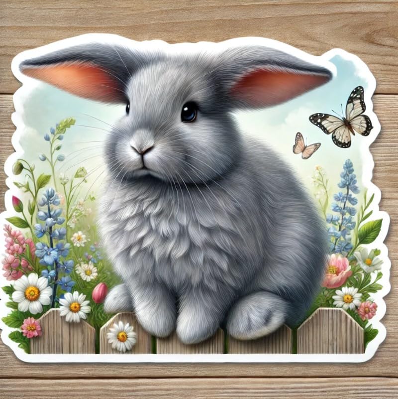 Vinyl sticker: Grey Easter Bunny on Fence Sticker for Laptop, Wall, Car, Window, Bumper, Decal, Truck, Waterproof, Auto, Water Bottle – Fluffy Rabbit with Flowers & Butterflies