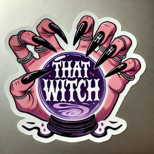 Vinyl sticker: "That Witch" Halloween Crystal Ball Sticker Decal for Laptop, Wall, Car, Window, Bumper, Truck, Waterproof Auto, and Water Bottle – Spooky Gothic Design