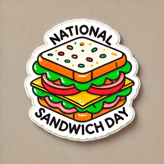 Vinyl sticker: National Sandwich Day Fun Cartoon Sticker Decal for Laptop Wall Car Window Bumper Truck Waterproof Auto Water Bottle.