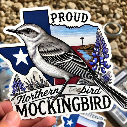 Vinyl sticker: Proud Texan Northern Mockingbird Sticker for Laptop, Wall, Car, Window, Bumper, Waterproof Decal for Truck and Water Bottle (4)