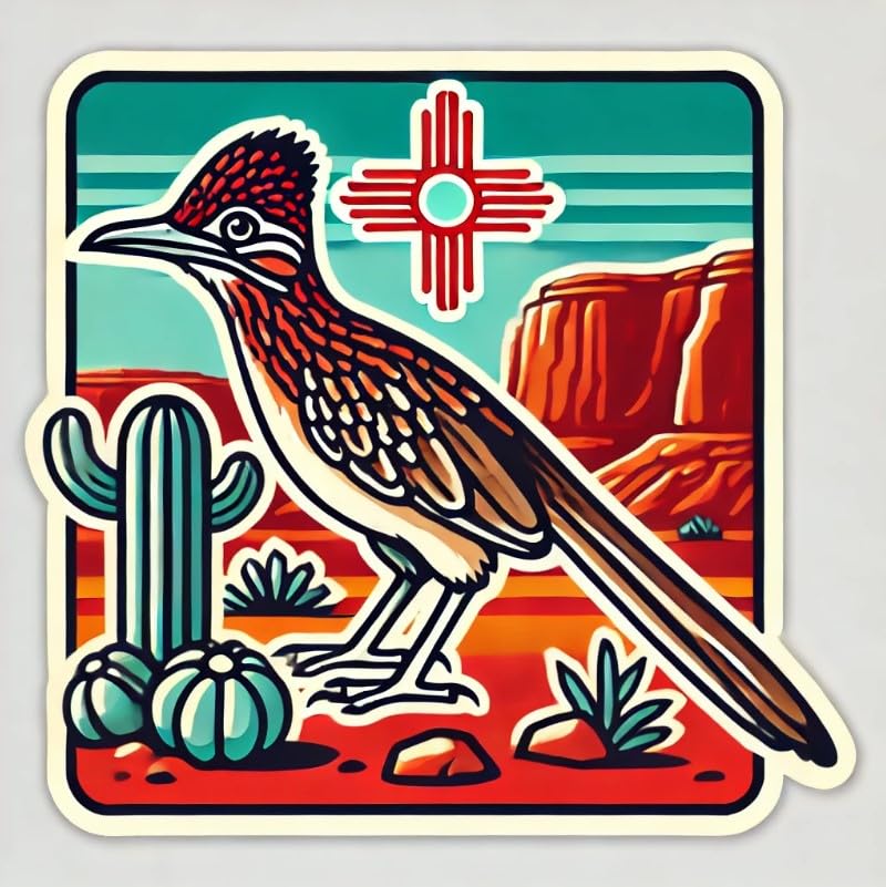 Vinyl sticker: Laptop Wall Car Window Bumper Sticker Decal Truck Waterproof Auto Water Bottle – Greater Roadrunner Alert Pose with Zia Sun and Scenic Desert View