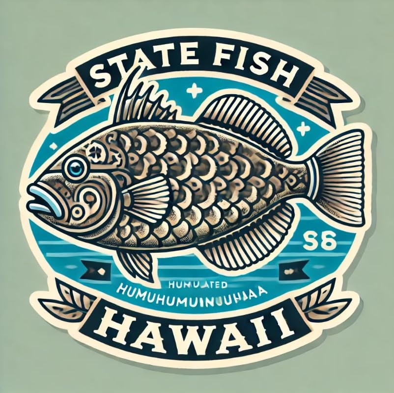 Vinyl sticker: Laptop Wall Car Window Bumper Sticker Decal Truck Waterproof Auto Water Bottle – Official Hawaii State Fish Emblem Featuring Humuhumunukunukuāpuaʻa with Island Badge Design