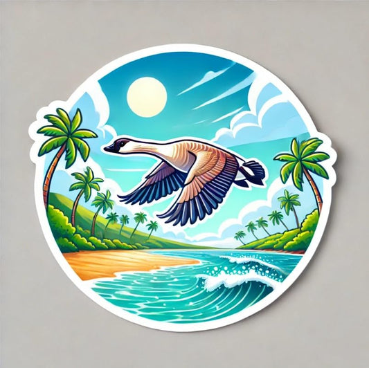 Vinyl sticker: Window Laptop Bumper Car Wall Waterproof Sticker Auto Decal Water Bottle Truck with Hawaiian Goose Nene Flying Over Beach Palm Trees Ocean and Sunny Sky (6)