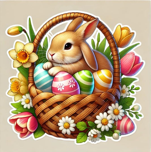 Vinyl sticker: Easter Basket with Realistic Rabbit Laptop Wall Car Window Bumper Sticker Decal Truck Waterproof Auto Water Bottle – Lifelike Bunny with Festive Eggs & Flowers.