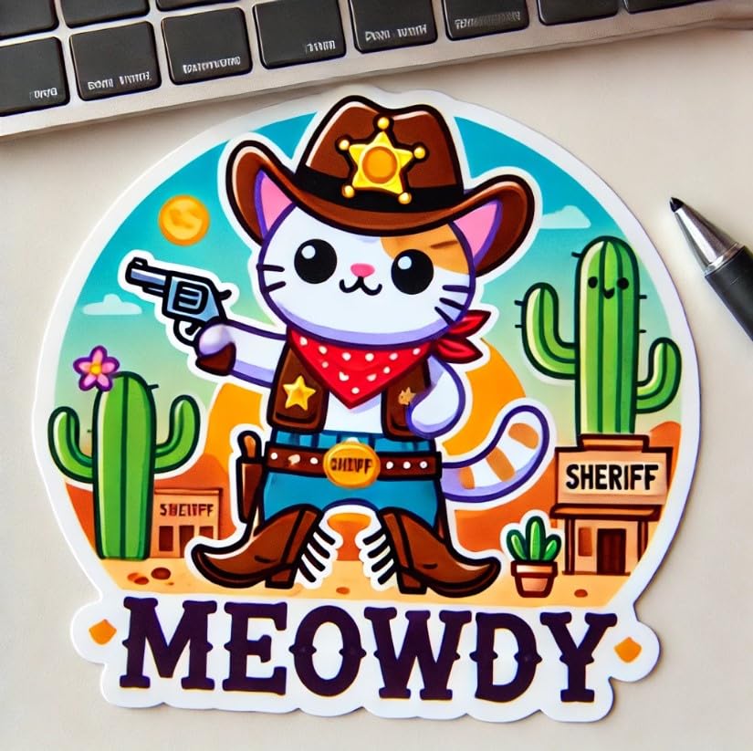 Vinyl sticker: Meowdy Cowboy Cat with Sheriff's Badge Sticker for Laptop, Wall, Car, Window, Bumper, Truck, Waterproof Decal (4)