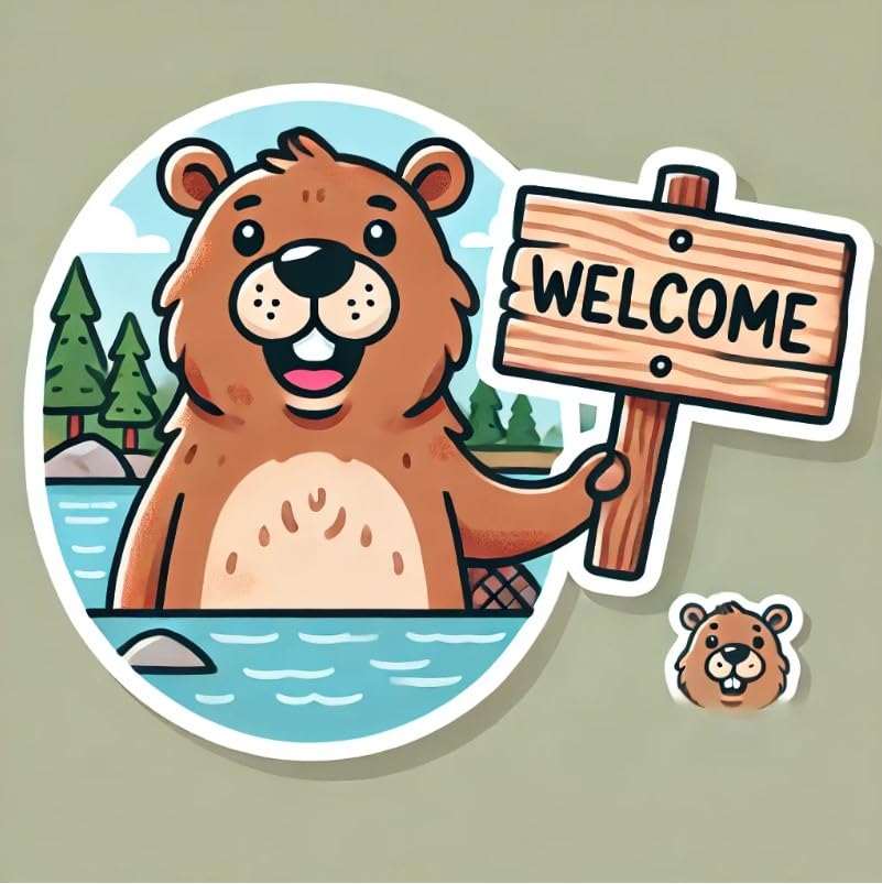 Vinyl sticker: Beaver Welcome Sign Sticker – Waterproof Vinyl Decal for Laptop, Wall, Car, Window, Bumper, Truck, and Water Bottle – Friendly Animal Design
