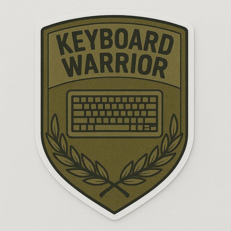 Vinyl sticker: Keyboard Warrior Olive Military Style Laptop Wall Car Window Bumper Sticker Decal Truck Waterproof Auto Water Bottle Patch with Embroidered Look and Shield Emblem