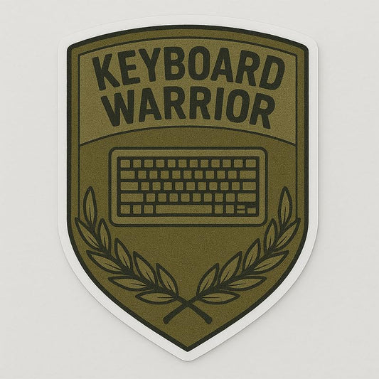 Vinyl sticker: Keyboard Warrior Olive Military Style Laptop Wall Car Window Bumper Sticker Decal Truck Waterproof Auto Water Bottle Patch with Embroidered Look and Shield Emblem