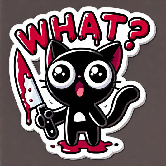 Vinyl sticker: Quirky Black Cat with Knife Sticker - Waterproof Vinyl Decal for Laptop, Wall, Car, Window, Bumper, Truck, and Water Bottle