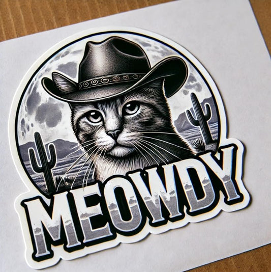 Vinyl sticker: Meowdy Cowboy Cat with Full Moon Sticker for Laptop, Wall, Car, Window, Bumper, Truck, Waterproof Decal - Realistic Design