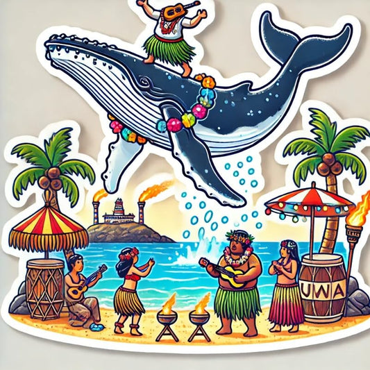 Vinyl sticker: Waterproof Car Window Laptop Wall Bumper Sticker Decal of Humpback Whale Jumping Over Hawaiian Luau Party with Tiki Torches and Hula Dancers