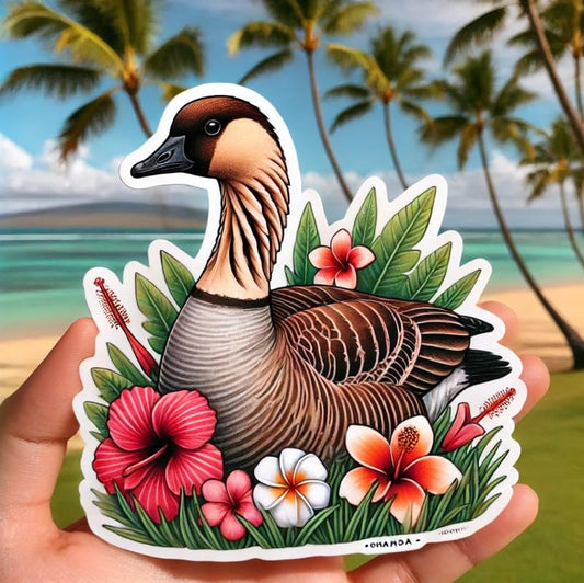 Vinyl sticker: Wall Laptop Car Window Bumper Sticker Decal Truck Waterproof Auto Water Bottle – Hawaiian Goose Nene with Jungle Leaves and Tropical Flowers Wildlife Design for Nature Lovers