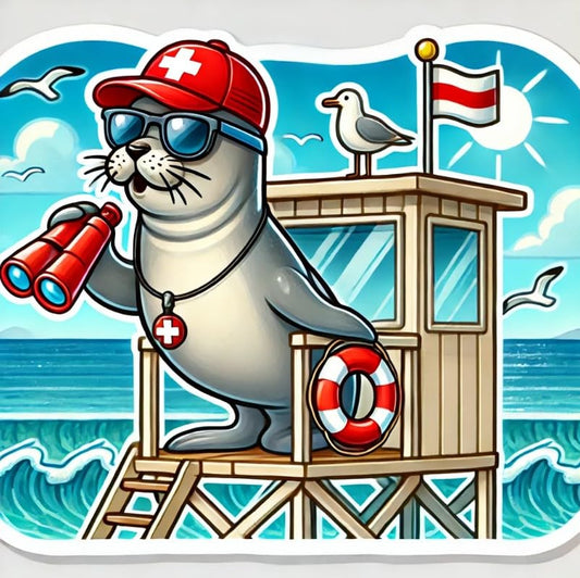 Vinyl sticker: Laptop Wall Window Bumper Waterproof Car Sticker Decal of Hawaiian Monk Seal Lifeguard on Tower with Whistle and Binoculars Watching Ocean
