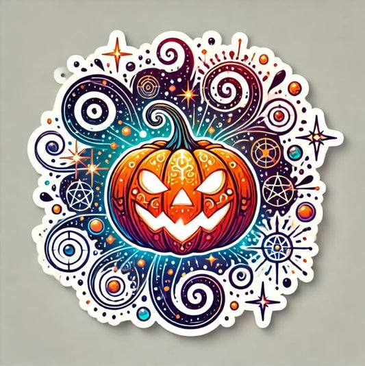 Vinyl sticker: Enchanted Grin Halloween Pumpkin Sticker for Laptop, Wall, Car, Window, Bumper, Waterproof Decal with Magical Symbols, Sparkling Stars, and White Background (4)