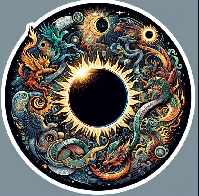 Vinyl sticker: Mystical Solar Eclipse Decal: Celestial and Mythological Art Sticker for Laptop, Car, Window, Wall - Waterproof and UV Resistant