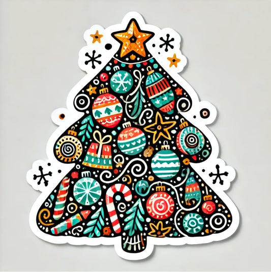 Vinyl sticker: Whimsical Christmas Tree Sticker with Candy Canes and Colorful Ornaments for Laptop, Wall, Car, Window, Bumper, Decal, Truck, Waterproof Auto, and Water Bottle