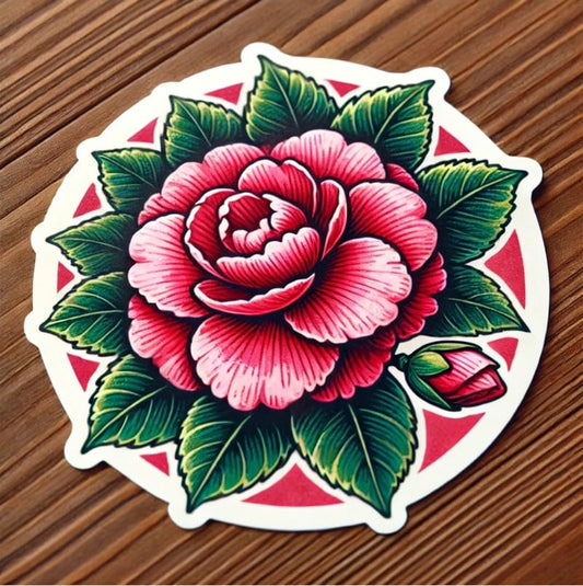 Vinyl sticker: Watercolor Japanese Camellia Sticker for Laptop, Wall, Car Window, Bumper, Decal, Truck, Waterproof, Auto, Water Bottle, Artistic Floral Design