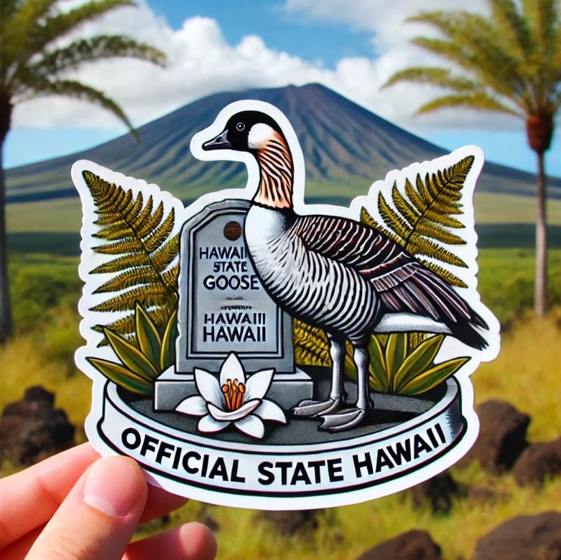 Vinyl sticker: Laptop Wall Car Window Bumper Sticker Decal Waterproof Truck Auto Water Bottle – Hawaiian Goose Nene on State Bird Monument with Volcano and Ferns Symbol of Heritage (4)