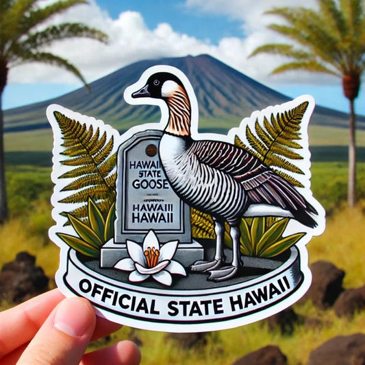 Vinyl sticker: Laptop Wall Car Window Bumper Sticker Decal Waterproof Truck Auto Water Bottle – Hawaiian Goose Nene on State Bird Monument with Volcano and Ferns Symbol of Heritage (4)