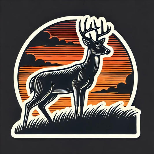 Vinyl sticker: White-Tailed Deer Silhouette at Sunset – Sticker Decal for Laptop, Wall, Car, Window, Bumper, Truck, Waterproof, Auto, Water Bottle