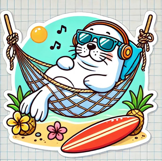Vinyl sticker: Waterproof Car Laptop Wall Window Bumper Sticker Decal of Hawaiian Monk Seal in Hammock Between Surfboards Listening to Music with Flowers