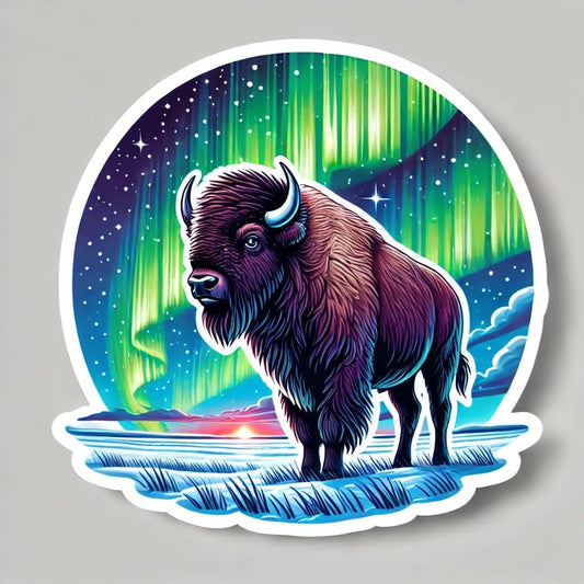 Vinyl sticker: American Bison Under Northern Lights Waterproof Sticker for Laptop, Wall, Car, Window, Bumper, Decal for Truck, Auto, Water Bottle – Kansas Winter Night Vinyl