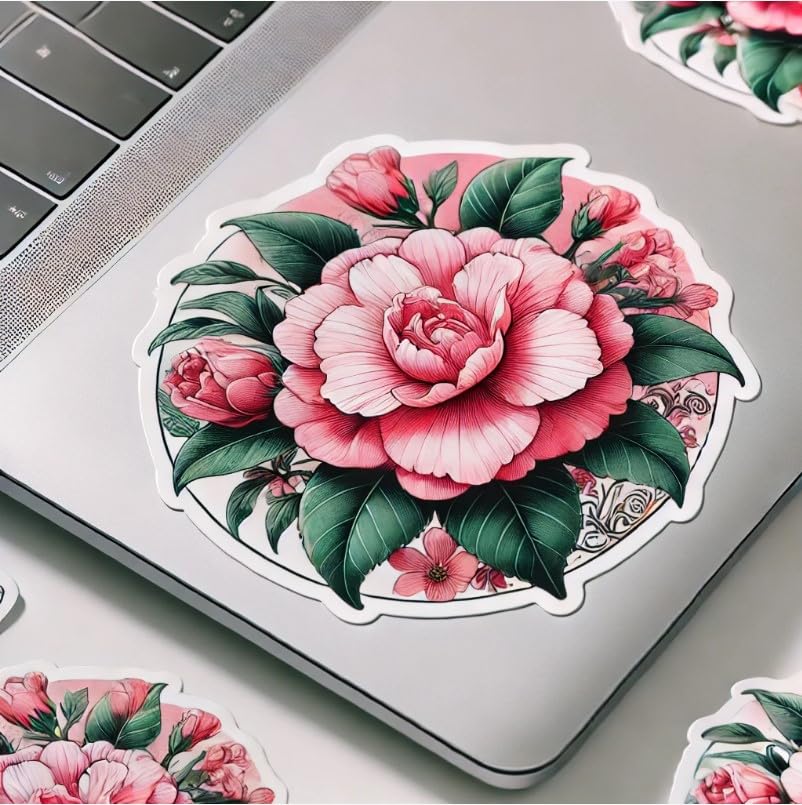 Vinyl sticker: Japanese Camellia Flower Sticker for Laptop, Wall, Car, Window, Bumper, Decal, Waterproof, Auto, Water Bottle