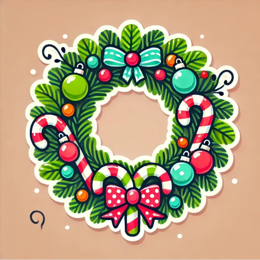 Vinyl sticker: Cheerful Christmas Wreath Sticker with Candy Canes and Polka-Dot Bow for Laptop, Wall, Car, Window, Bumper, Decal, Truck, Waterproof Auto, and Water Bottle