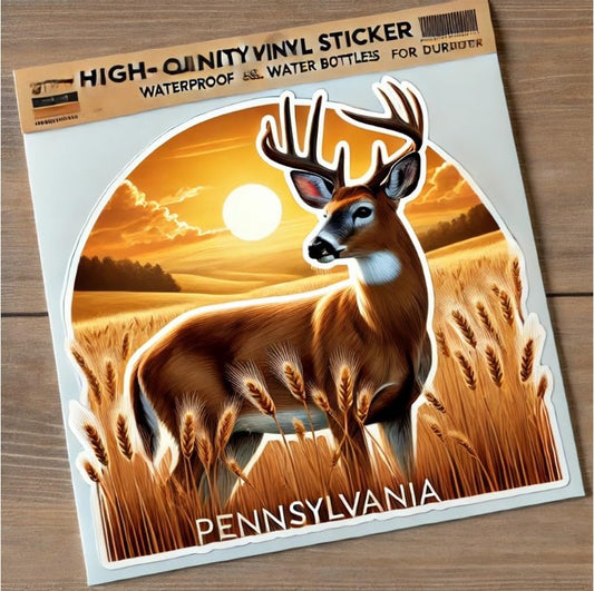 Vinyl sticker: Golden Wheat Field White-Tailed Deer Vinyl Sticker for Laptop, Wall, Car, Window, Bumper, Decal, Truck, Waterproof, Auto, Water Bottle (6)
