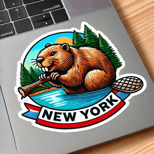 Vinyl sticker: North American Beaver Evergreen Lake Sticker Decal for Laptop, Wall, Car, Window, Waterproof Bumper Truck Auto Water Bottle