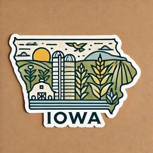Vinyl sticker: Iowa State Outline Sticker, Minimalist Vinyl Decal for Laptop, Car, Wall, Window, Bumper, Truck, Water Bottle - Cornfield, Barn, and State Bird Design (6)