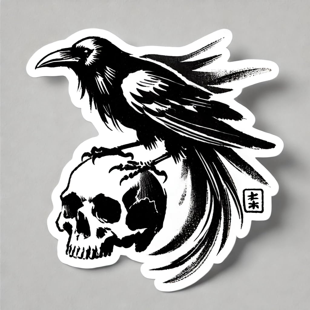 Vinyl sticker: Japanese Sumi-e Ink Raven Crow on Skull Laptop Wall Car Window Bumper Sticker Decal Truck Waterproof Auto Water Bottle